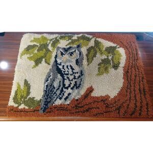 Vintage Owl Perched On Tree Latch Hook Rug Wall Hanging Owl Decor 24×36 Cottage